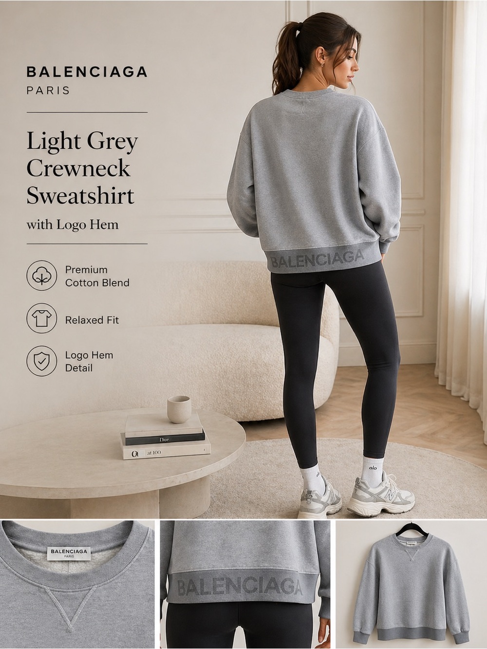 Balenciaga Light Grey Crewneck Sweatshirt with Logo Hem